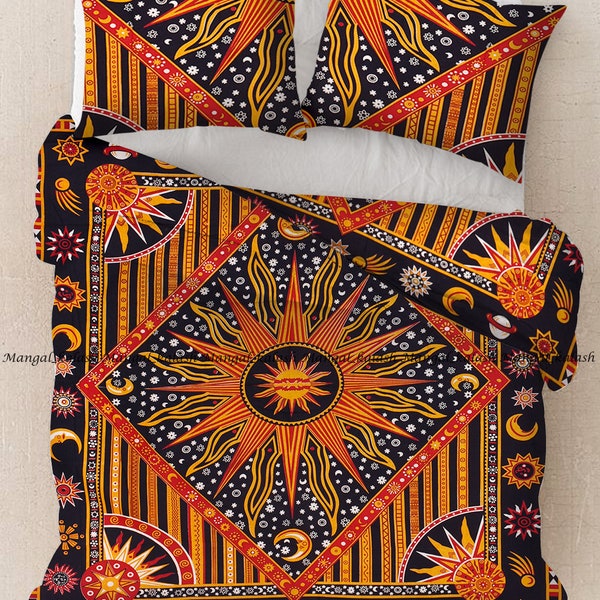 Indien Sun Mandala Quilt Duvet Cover Cotton Doona Cover Hippie Traditionnel Boho Exclusive Réversible Comforter Cover Bedding Set