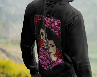 Japanese Hoodie, Katana Shirt, Geisha Hoodie, Floral Skeleton Sweatshirt Pastel Aesthetics, Skull Japanese Hoodie, Sakura Cherry blossom
