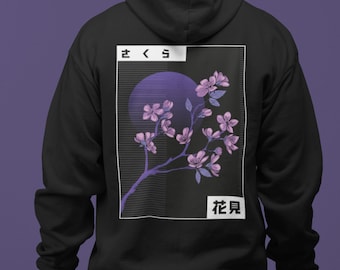 Sakura cherry blossom men hoodie, Japanese streetwear zip up hoodie, Vaporwave techwear aesthetic full zip hoodie, gifts for men