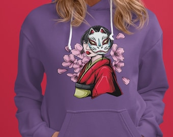 Japanese Geisha Hoodie, Kitsune Mask,Japan lover Gift, Geisha Hoody, Cherry blossom Hoodie, Vaporwave clothing, Harajuku Streetwear Hoodie