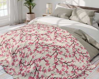 Japanese Flowers Blanket, Sakura Throw Blanket, Cherry Blossom Fleece Blanket, Japanese Flowers Decor, Adult Blanket Gift for her