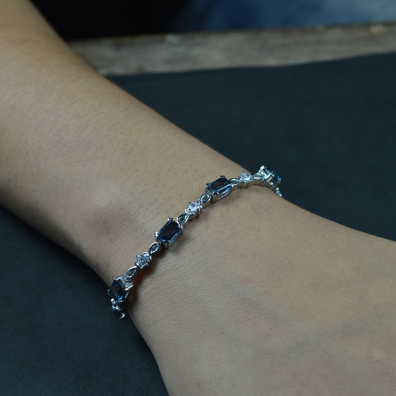 Wedding Gift for her Tennis Bracelet Natural London Topaz Silver Jewelry Handmade Silver Bracelet Natural Blue Topaz Silver Bracelet