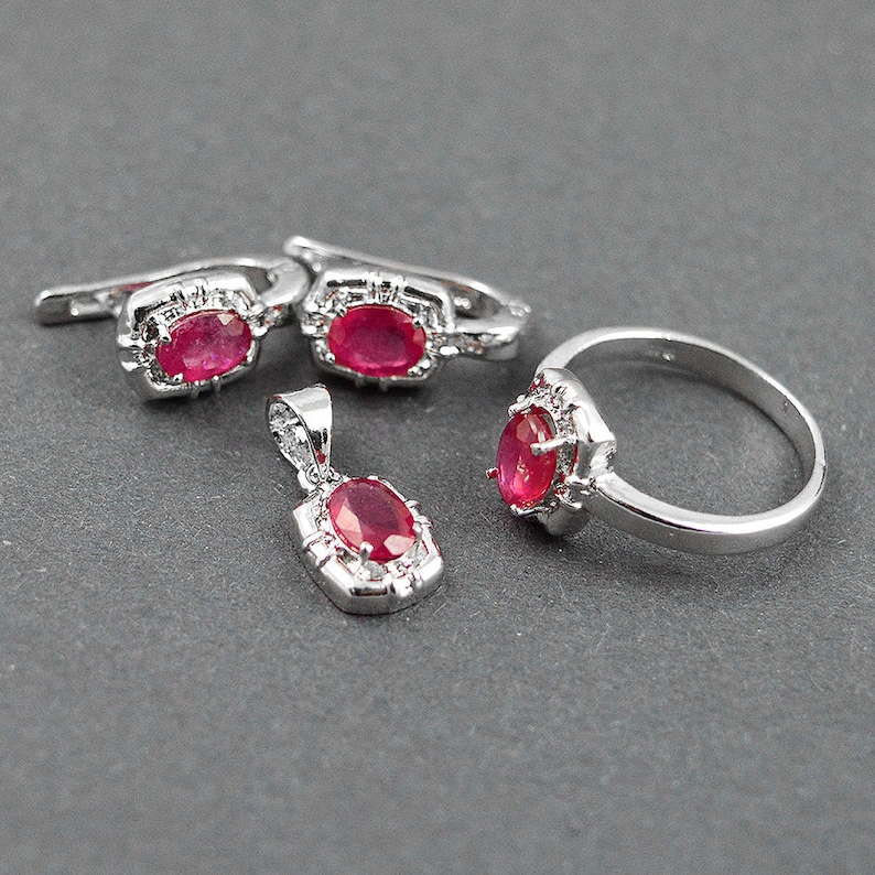 Natural Ruby Ring Earrings Pendant Set-925 Silver Set-Wedding Jewellery Set-Handmade Silver Ring-Pendant-Red Gemstone-July Birthstone