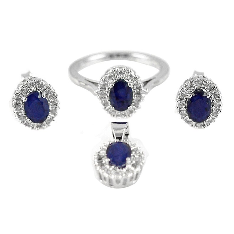 Natural Sapphire Jewelry Set-Bridal Jewelry Set-Wedding Jewelry Set-Push Back Earrings-Blue Bridal Necklace-Birthstone Ring-Cluster Studs