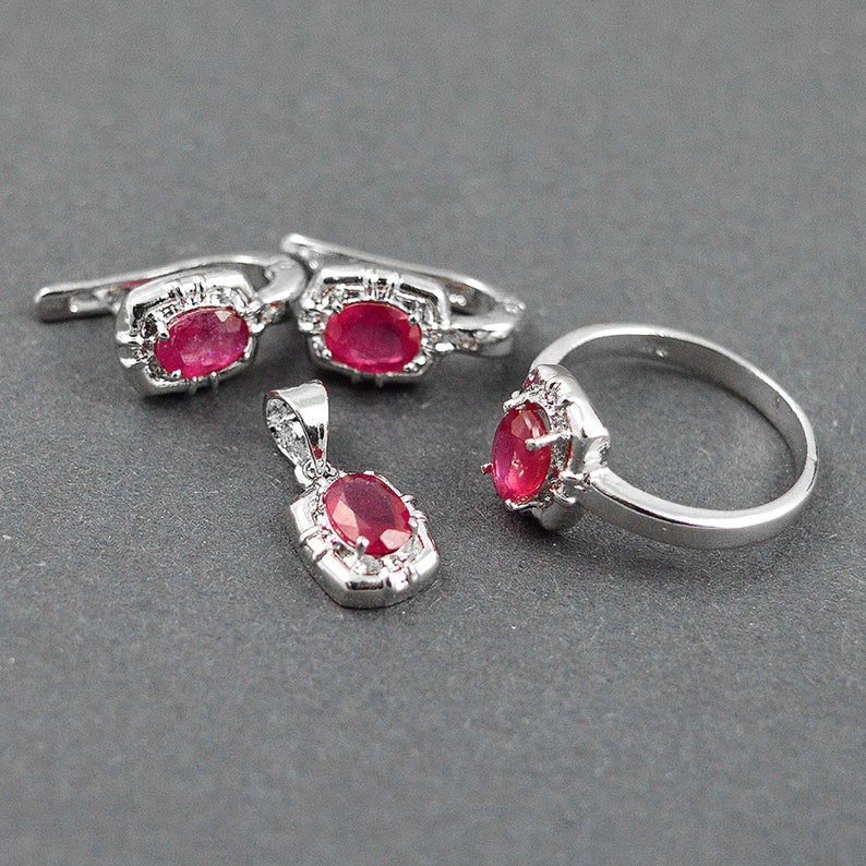 Natural Ruby Ring Earrings Pendant Set-925 Silver Set-Wedding Jewellery Set-Handmade Silver Ring-Pendant-Red Gemstone-July Birthstone