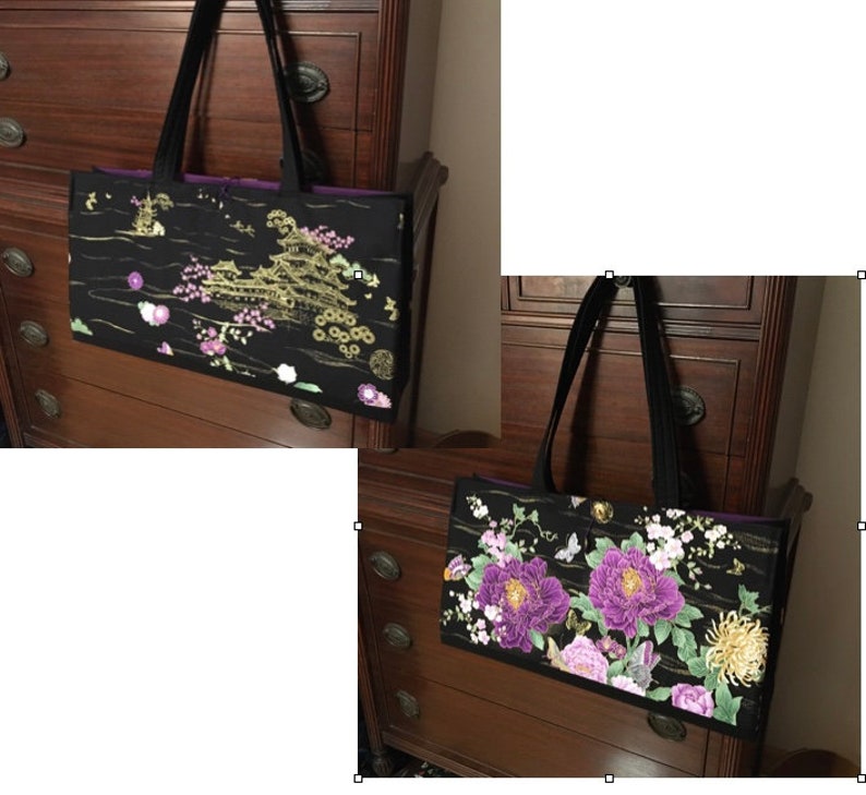 Purple chrysanthemums, peony and butterflies. Gold gilded. Mah jongg tote, sleeves and bags. 3 or 4 piece set or individual pieces. image 2