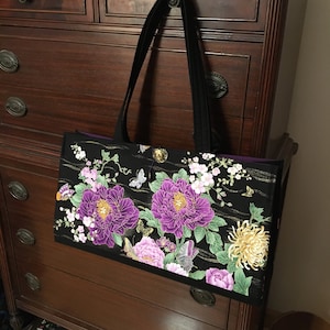 Purple chrysanthemums, peony and butterflies. Gold gilded. Mah jongg tote, sleeves and bags. 3 or 4 piece set or individual pieces. image 1