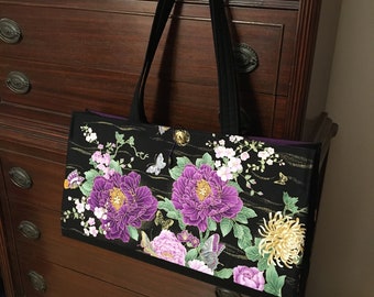 Purple chrysanthemums, peony and butterflies. Gold gilded.  Mah jongg tote, sleeves and bags. 3 or 4 piece set or individual pieces.