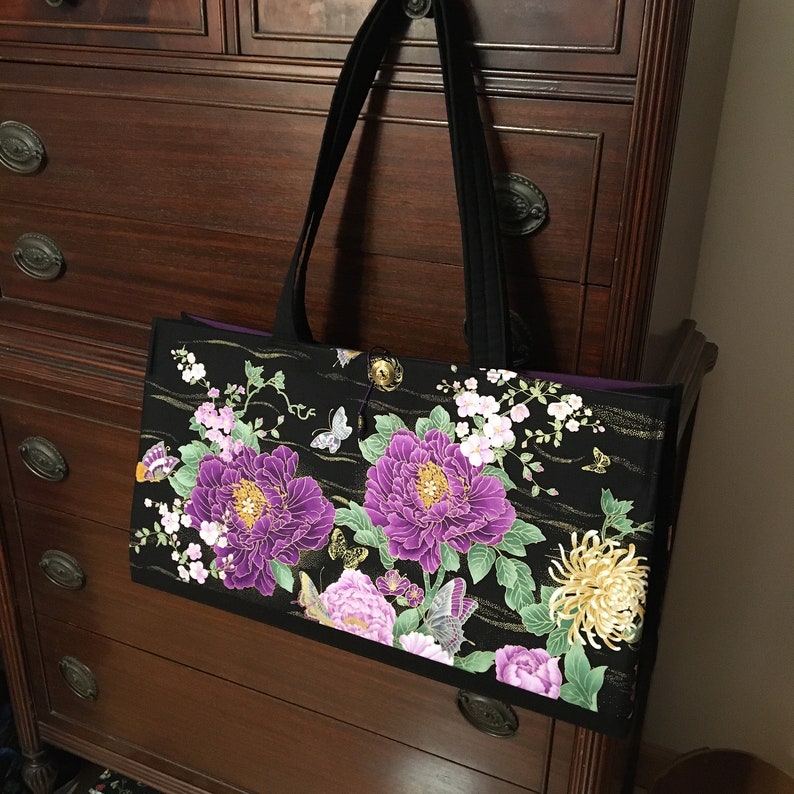 Purple chrysanthemums, peony and butterflies. Gold gilded. Mah jongg tote, sleeves and bags. 3 or 4 piece set or individual pieces. image 1