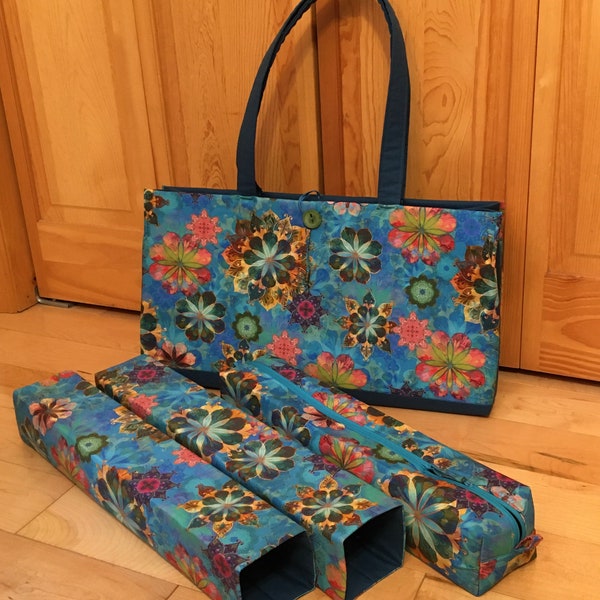 Teal kaleidoscope geometric.  Mahjongg tote, bags and sleeves.  3 or 4 piece set or separate items.