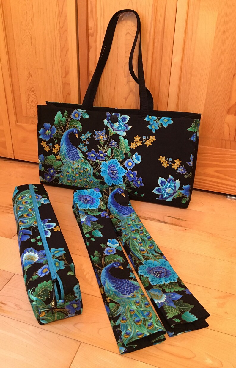 Peacock blue, green, gold and black.  Mahjong bags. 3 or 4 piece set or single pieces. Use drop down menu under 