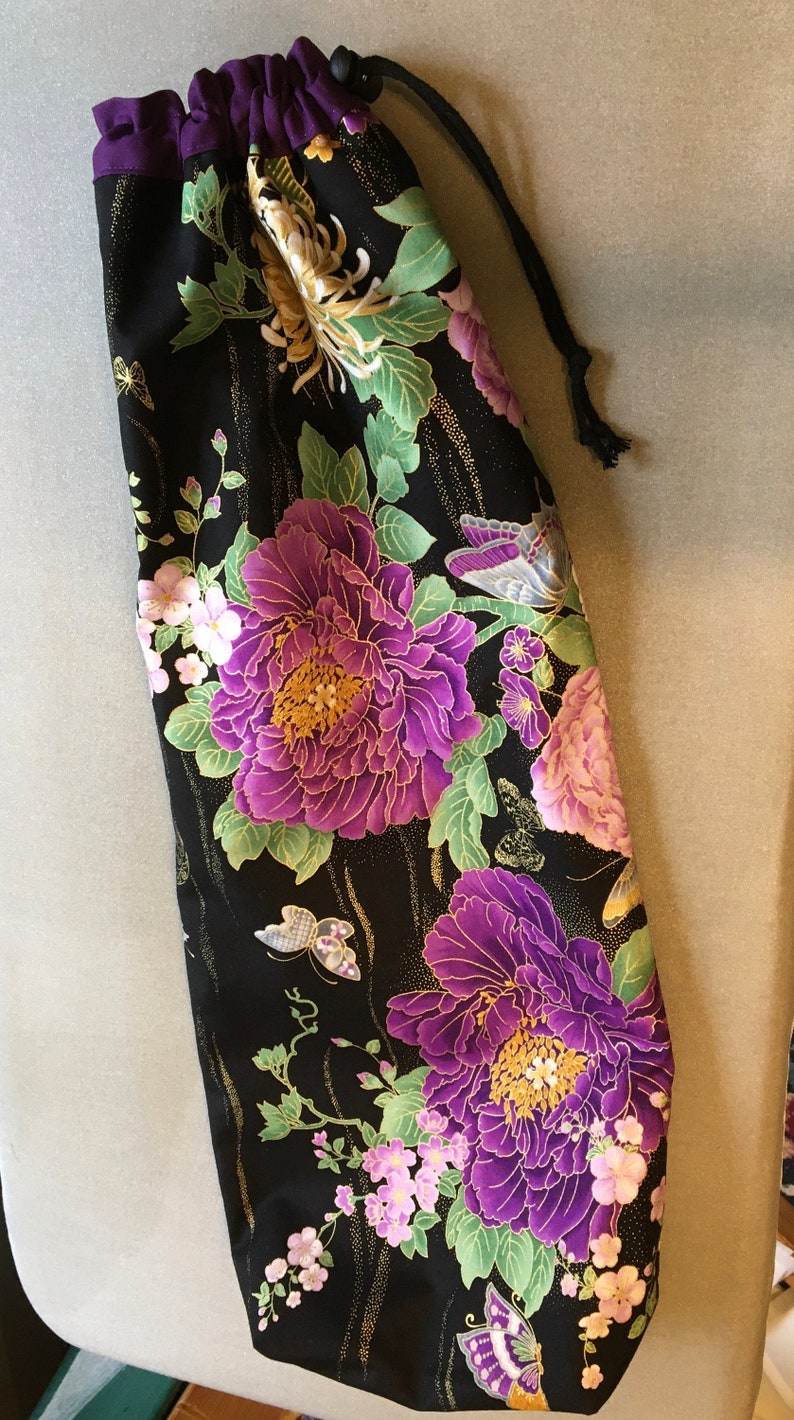 Purple chrysanthemums, peony and butterflies. Gold gilded. Mah jongg tote, sleeves and bags. 3 or 4 piece set or individual pieces. bag for 4 racks