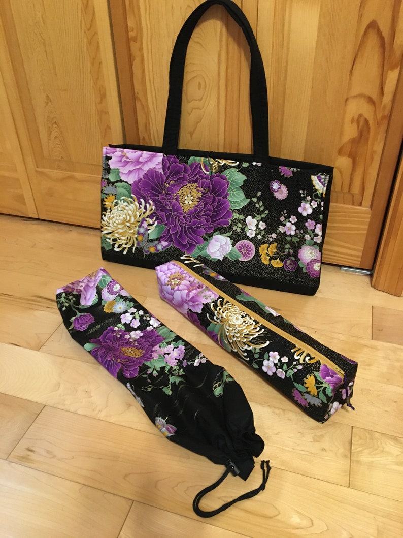 Purple chrysanthemums, peony and butterflies. Gold gilded. Mah jongg tote, sleeves and bags. 3 or 4 piece set or individual pieces. 3 piece tote set