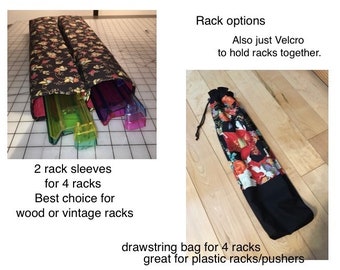 mah jongg rack options: 2 rack sleeves for 4 racks or a drawstring bag for 4 racks