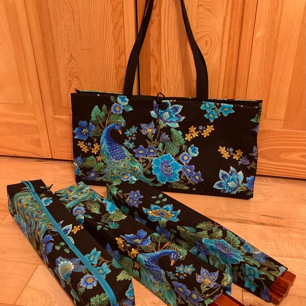 Peacock blue, green, gold and black.  Mahjong bags. 3 or 4 piece set or single pieces. Use drop down menu under "pattern" to see prices.