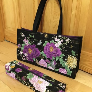 Purple chrysanthemums, peony and butterflies. Gold gilded. Mah jongg tote, sleeves and bags. 3 or 4 piece set or individual pieces. image 4