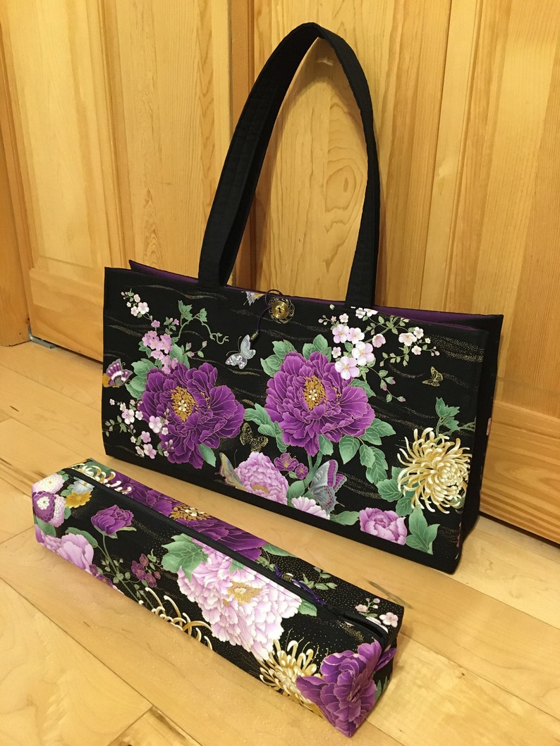 Purple chrysanthemums, peony and butterflies. Gold gilded. Mah jongg tote, sleeves and bags. 3 or 4 piece set or individual pieces. image 4