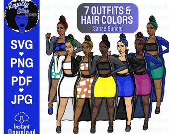 SANAE 7 BUN BUNDLE, svg, png, pdf, thick full body, Fashion, blue, pink, yellow, teal, black, hair color, sexy, cultural, afro latina, skirt