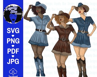 Cowgirls Bundle, svg, png, Curvy Cowgirls with Natural Hair, Cowboy hats and boots, Country, Black Girls, Cricut Cut File, digital download
