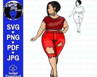 MISS T SASSY RED Bundle,svg, png, pdf, thick full body bbw, curvy sexy ripped cut off  jeans fashion, natural short black hair love, digital