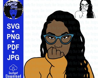 AJ LONG LOCS, png, pdf, svg, pretty black woman, smart brown skin women, afrocentric girl, powder blue glasses, mustard gold sweater digital