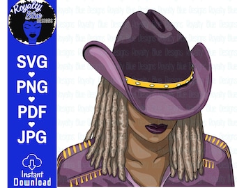 May include: A digital illustration of a woman with brown dreadlocks wearing a purple cowboy hat with a gold band and a purple jacket with gold accents.