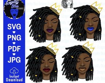 May include: Four digital illustrations of a Black woman with dreadlocks wearing a gold crown. Each illustration features a different lip color: purple, blue, red, and nude.