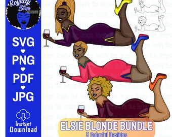 ELSIE BLONDES Bundle 3, svg png, glass of wine, blonde afro hair, curvy sexy brown black girls, black girl magic, Ponytail, digital download