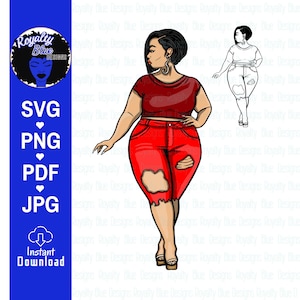 MISS T SASSY RED Bundle,svg, png, pdf, thick full body bbw, curvy sexy ripped cut off  jeans fashion, natural short black hair love, digital