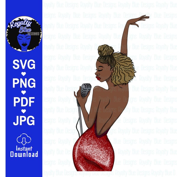 Sing On 1 | schwarze Sängerin im roten Kleid, Mädchen mit Mikrofon, natürliches blondes Haar, Sängerin, Musiker, svg png