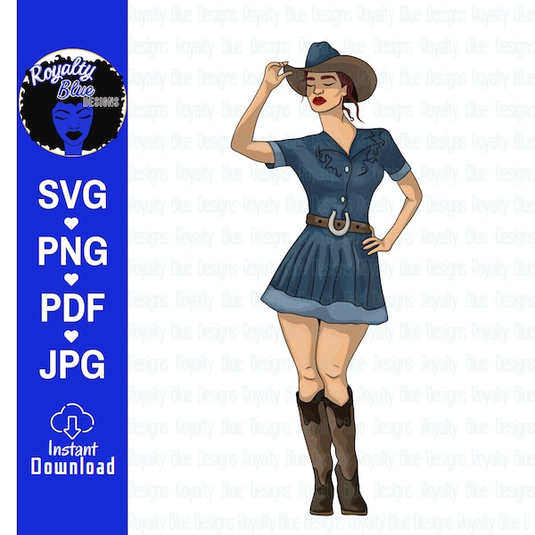 Cowgirls 3, svg, png, Curvy Cute Cowgirl, Red Head, Cowboy hat and boots, Country Girl, Hair pulled back,, Cricut Cut File, digital download