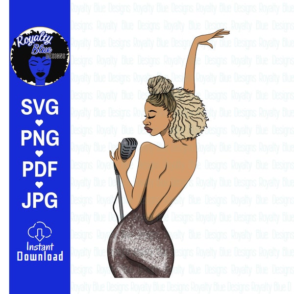 Sing On 3 | Blonde Frau Sängerin mit Metallic Kleid, natürliches Haar, helle Haut schwarz Mädchen Sänger, Musik Musiker svg, sofortiger download