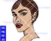 JINA 5, auburn hair, freckles svg, png, woman with short cut, beautiful skin, red lips beauty, pearl earring, ginger girl, digital download