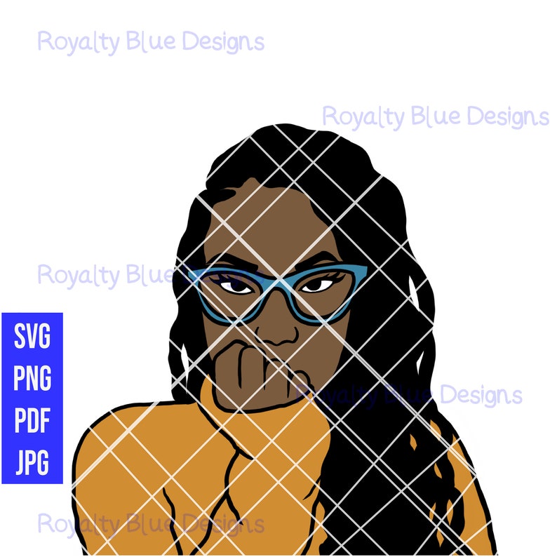 May include: A digital illustration of a Black woman with long, dark hair wearing blue-rimmed glasses and a yellow turtleneck sweater. She is looking to the side with a thoughtful expression.