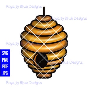 May include: A cartoon illustration of a yellow and brown beehive with a round entrance hole. The beehive is made up of multiple hexagonal cells.