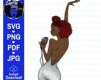 Sing On 3 | black woman singer wearing sparkly silver dress, singer holding microphone, girl singing, red hair, svg, png instant download