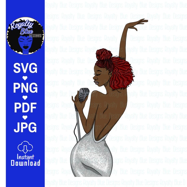 Sing On 3 | schwarze Frau Sängerin trägt funkelndes silbernes Kleid, Sängerin mit Mikrofon, Mädchen singt, rote Haare, svg, png sofortiger download