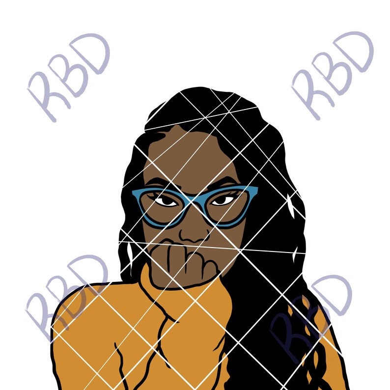 May include: A digital illustration of a Black woman with long black hair, wearing blue-rimmed glasses and a yellow turtleneck sweater. She is looking at the viewer with a thoughtful expression.