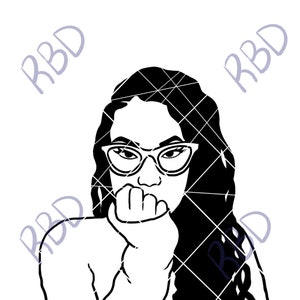 May include: Black and white line art illustration of a woman with long black hair wearing glasses and looking down with a thoughtful expression.