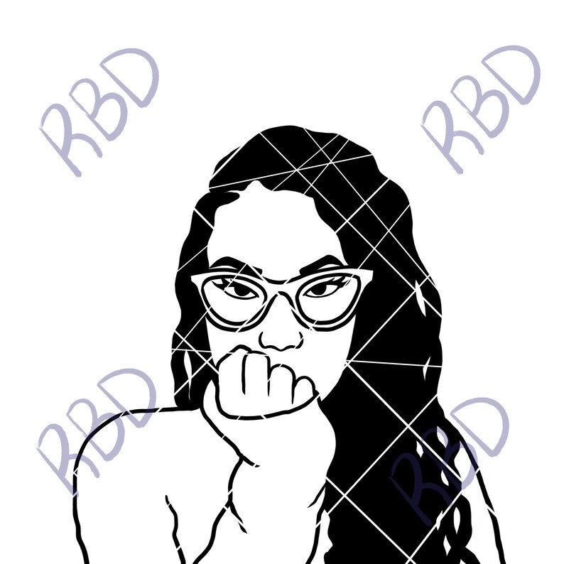 May include: Black and white line art illustration of a woman with long black hair wearing glasses and looking down with a thoughtful expression.