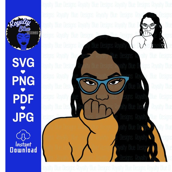AJ LONG LOCS, png, pdf, svg, pretty black woman, smart brown skin women, afrocentric girl, powder blue glasses, mustard gold sweater digital