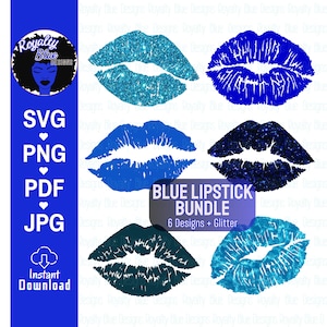 KISSES BLUE Bundle, blue and glitter lipstick prints, electric, water, turquoise, Makeup, mouth, lips, clean cut digital download, svg, png