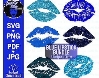 KISSES BLUE Bundle, blue and glitter lipstick prints, electric, water, turquoise, Makeup, mouth, lips, clean cut digital download, svg, png