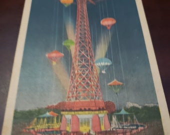 Vintage Coney Island Parachute Jump postcard at Steelcase Park, NY