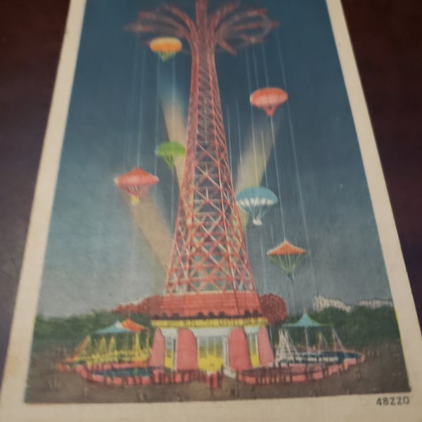 Vintage Coney Island Parachute Jump postcard at Steelcase Park, NY