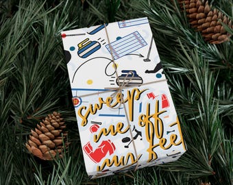 Curling Sports Gift Wrap, matte, satin: 'Sweep Me Off My Feet' Design, curler wrapping