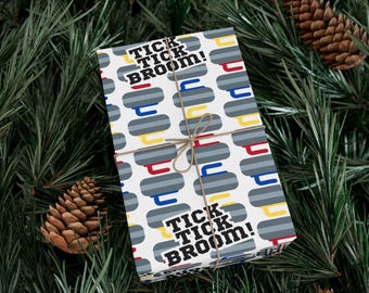 Curling Gift Wrap: 'Tick Tick Broom' Pattern, Sports Theme satin or matte wrapping paper