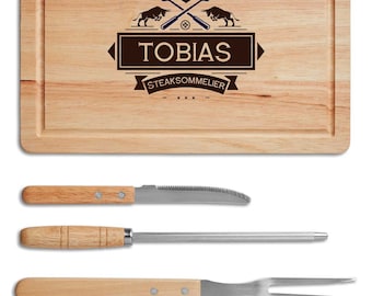 Steakbrett / BBQ-Steakset 5-teilig mit Name personalisiert z.B. "Steaksommelier Tobias"