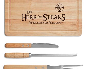 Steakbrett / BBQ-Steakset 5-teilig mit Name personalisiert z.B. "Günther - Der Herr der Steaks - Die Rückkehr des Grillkönigs"