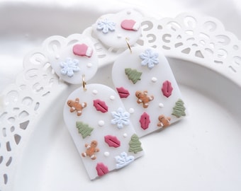 Christmas Polymer Clay Earrings Gingerbread man Earrings Statement Earring Snowflakes Earrings Christmas Gift